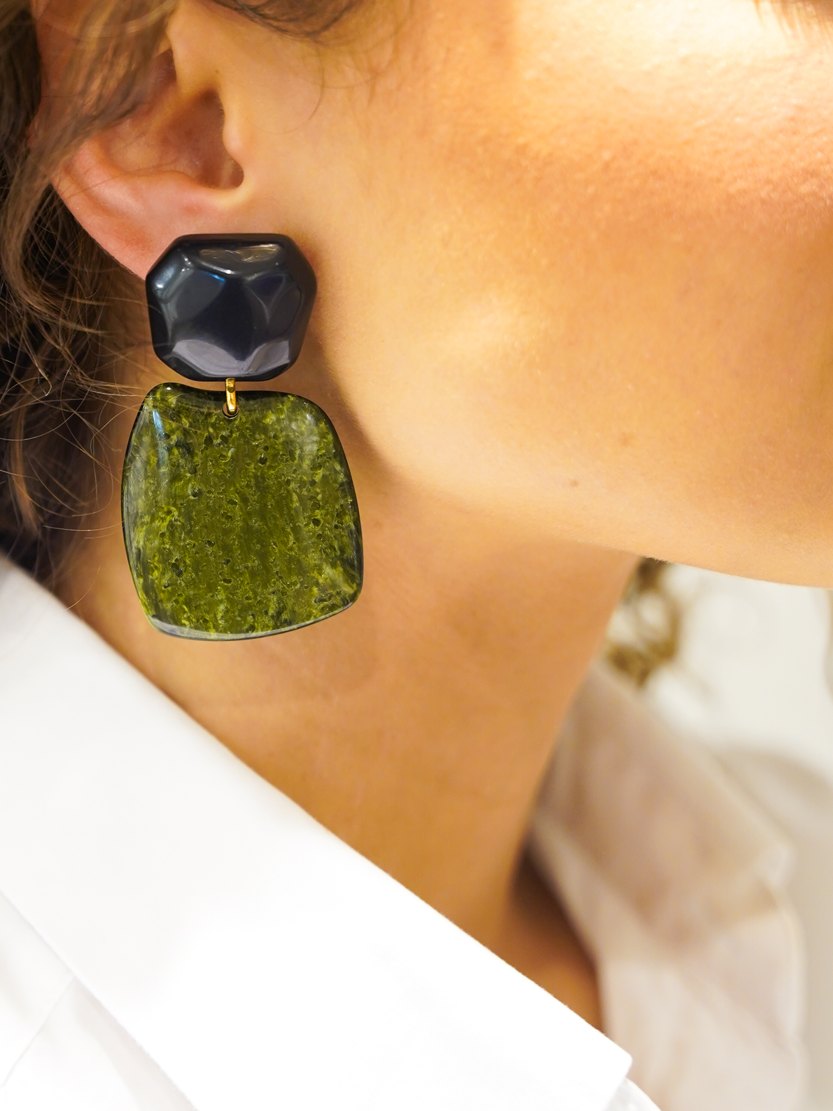 Marble Dark Green Earrings Square Rock Combi Black
